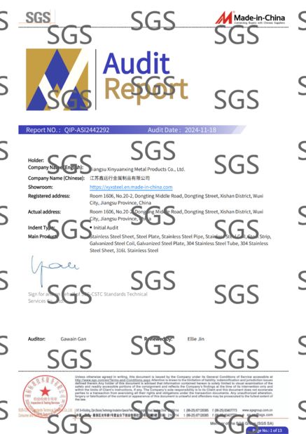 چین Jiangsu Xinyuanxing Metal Products Co.,Ltd گواهینامه ها